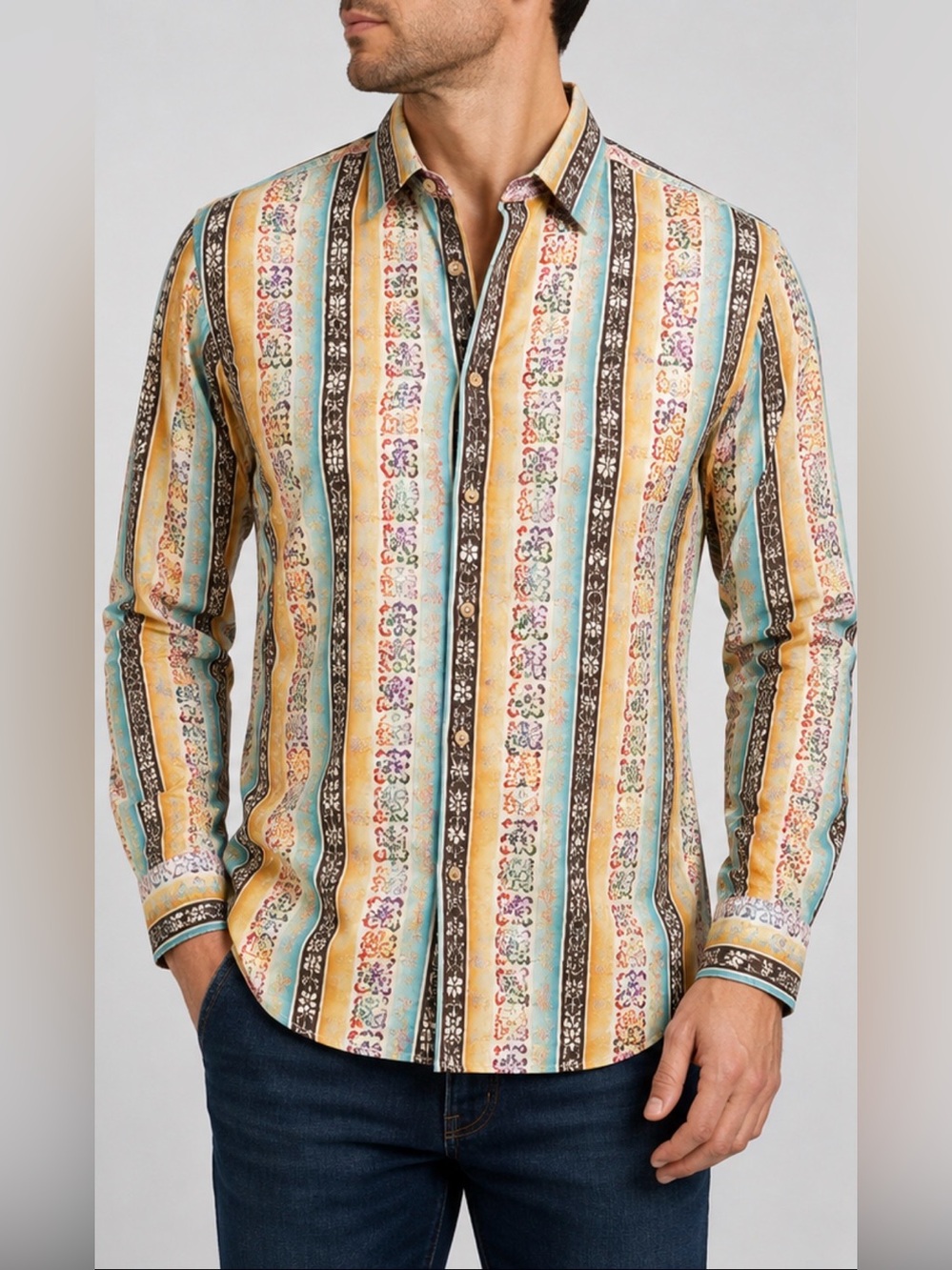 Robert Graham Men’s 100% Cotton Multicolor Paisley Floral Stripe Button Shirt. M